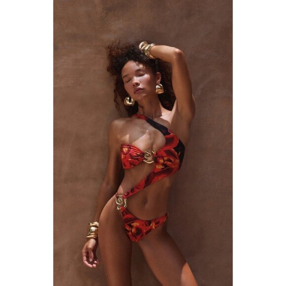 SAME Los Angeles Swim Womens Spiral one Shoulder One Piece Color Red Tropical M - Picture 2 of 7